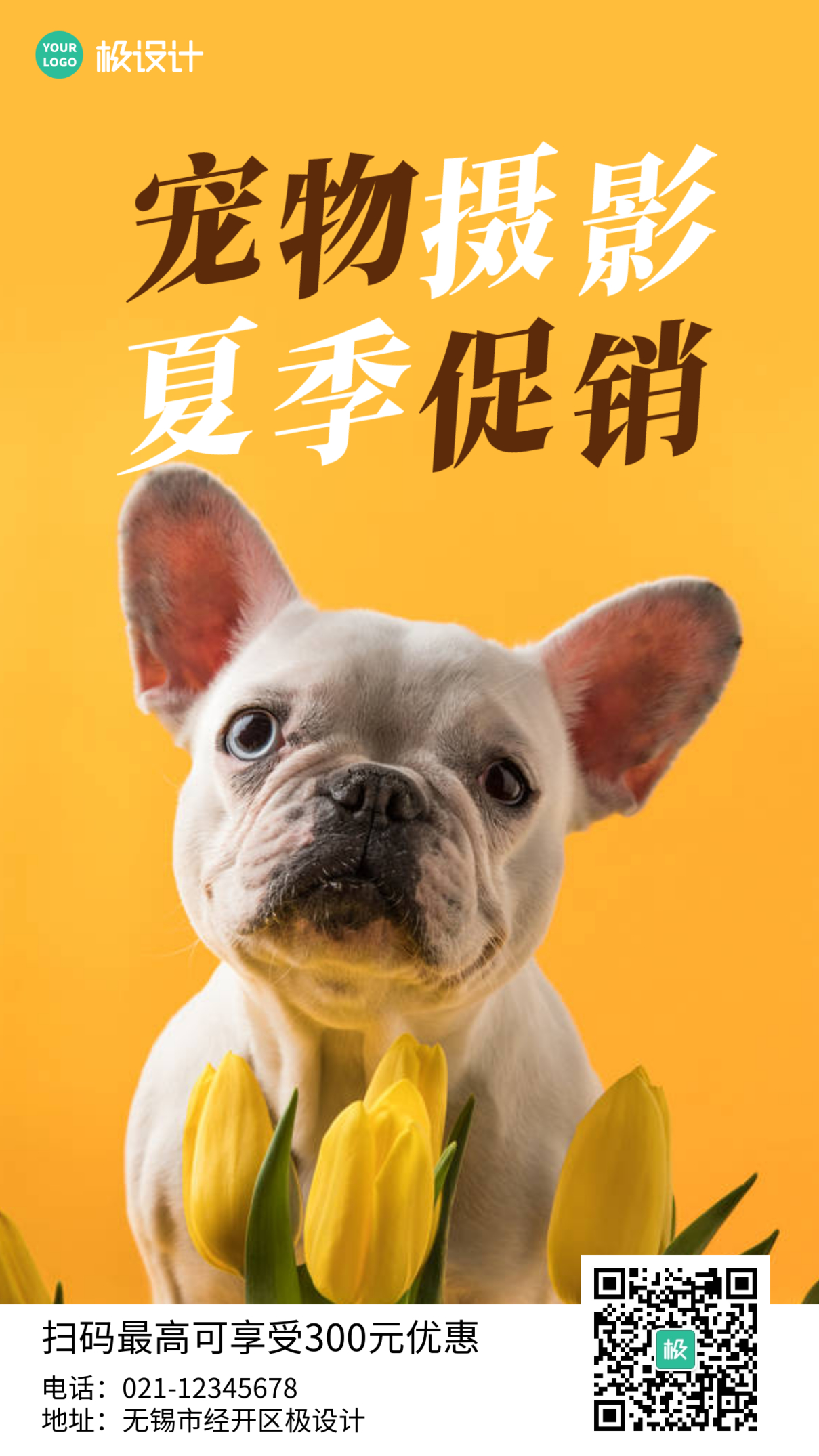 简约风格黄色宠物摄影夏季促销营销手机海报