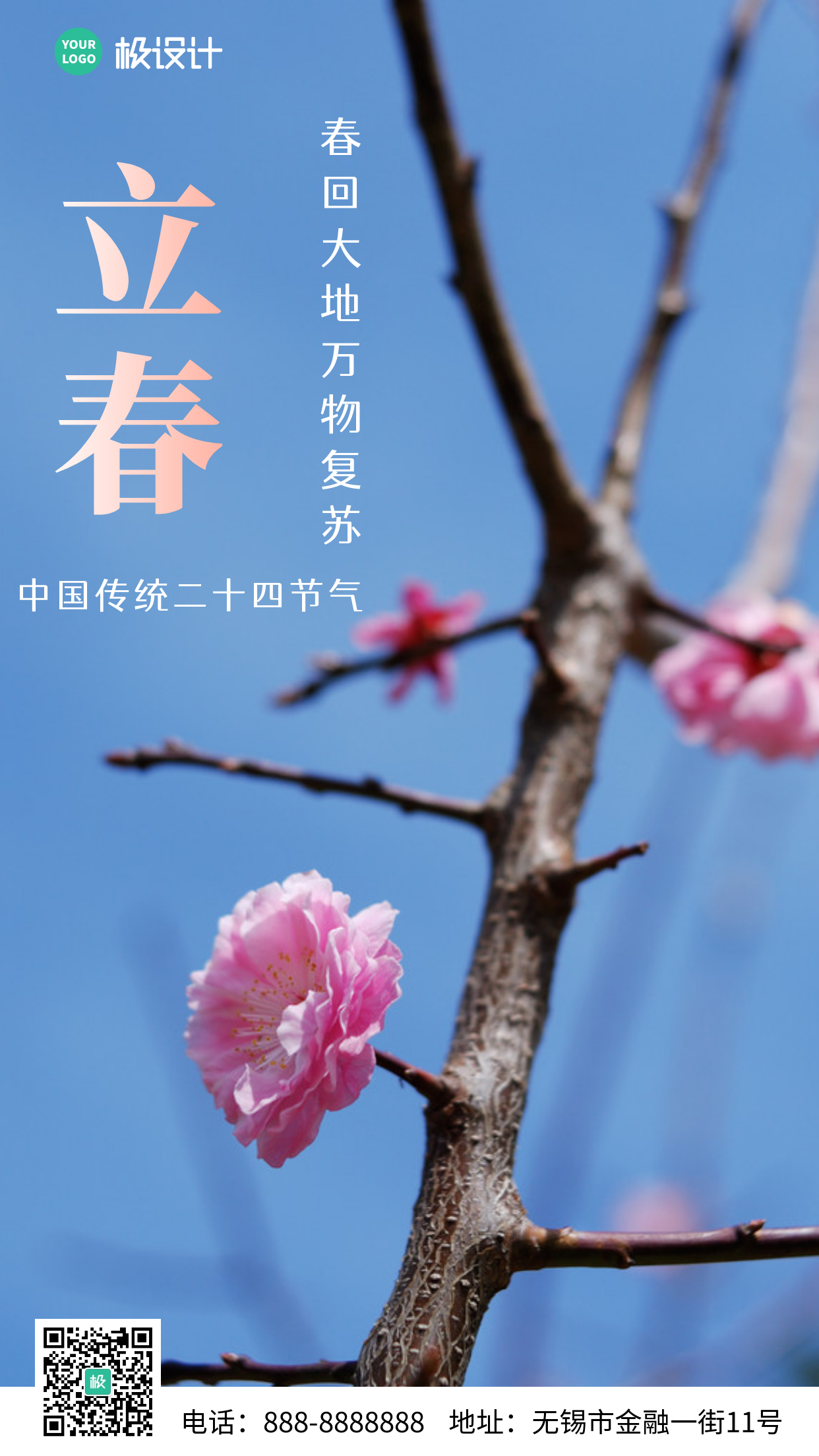蓝色清新花朵摄影立春节气品牌借势营销手机海报