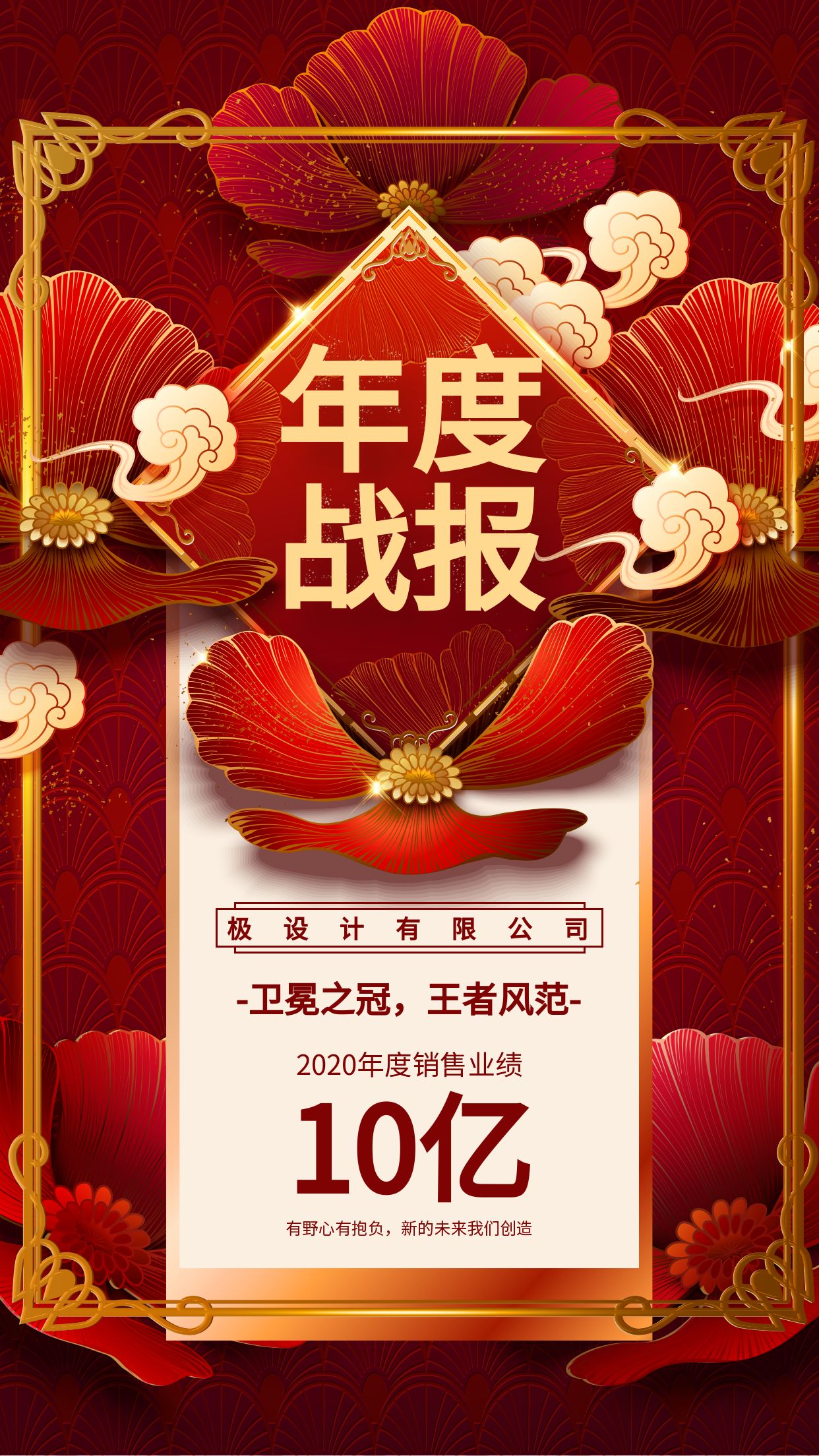 中国红色年终总结销售冠军喜报手机海报